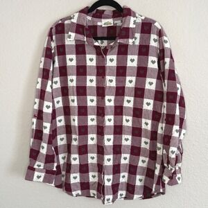 Vintage Womens XL Heart Gingham Plaid Shirt Cottage Novelty Rustic 90s Comfy